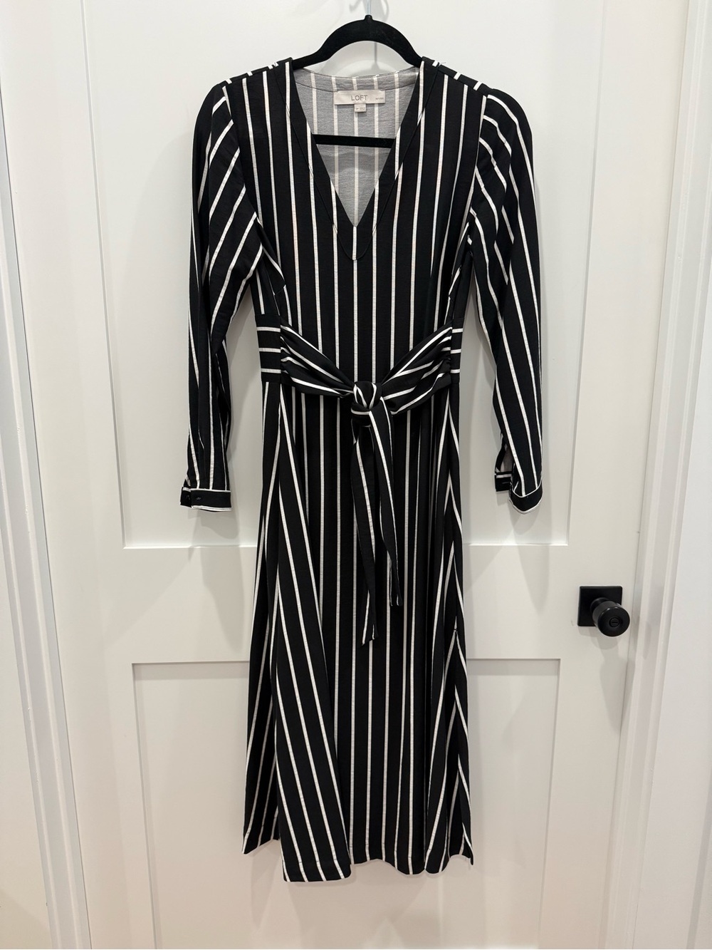LOFT Black and White Vertical Stripe Tie-Waist Long Sleeve Dress